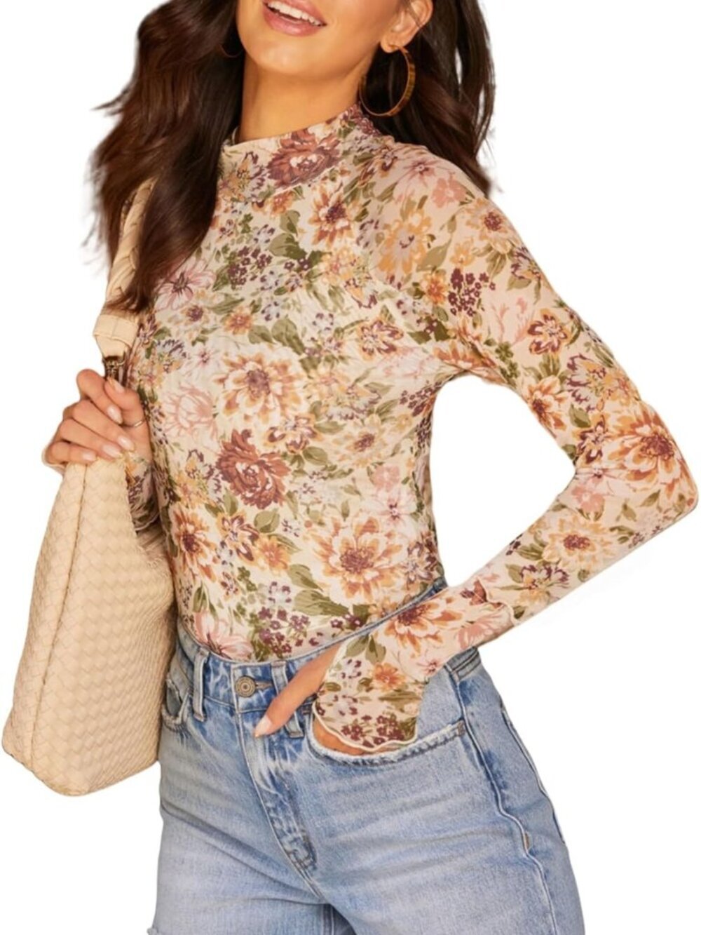 Floral Mesh Long Sleeve Mock Neck Blouse - Sexy Fitted Layering Top for Women
